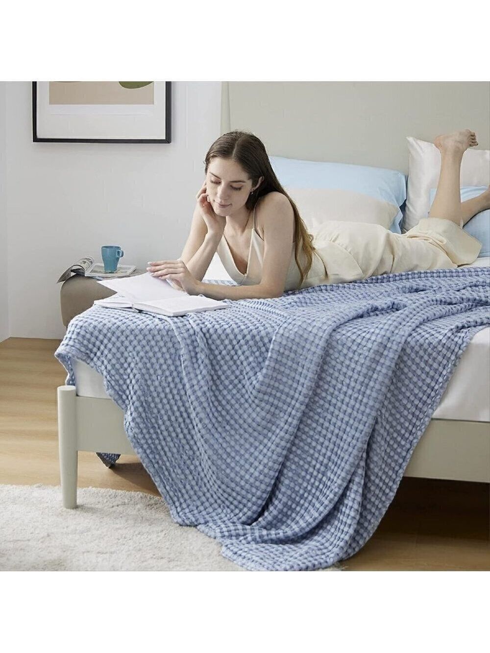 COTTON Waffle Weave Bamboo Blanket King Size Navy Soft Lightweight Bed Blanket - Picture 3 of 6